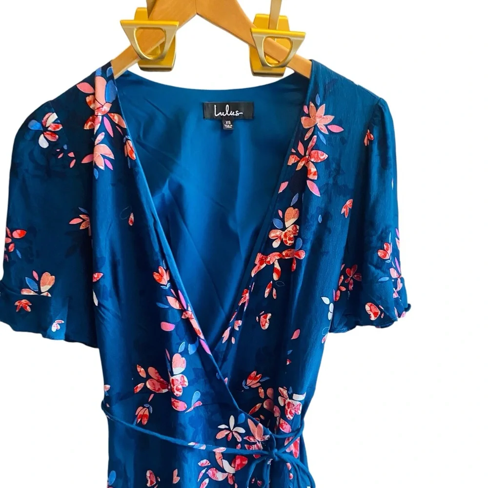 Lulus Dalton Teal Blue Floral Print Ruffled Wrap Dress - Picture 4 of 7
